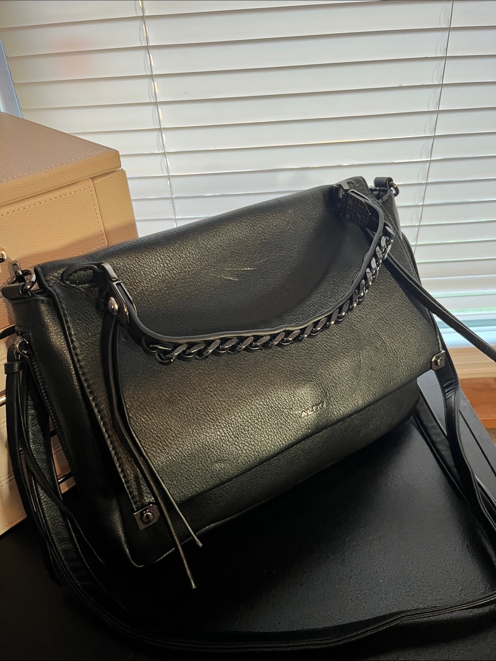 Aldo Black Leather Shoulder Bag with Chain Handle